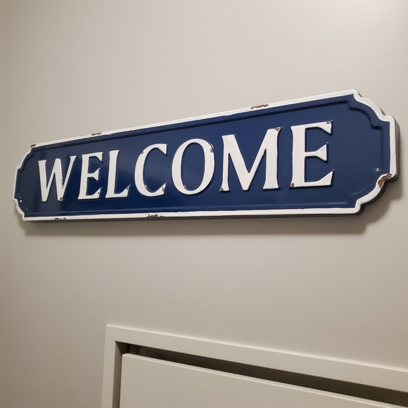 Welcome Sign Distressed Metal Blue White Wall Art